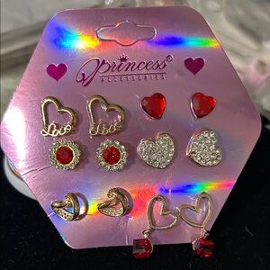 Gold and Red Heart Earrings Set